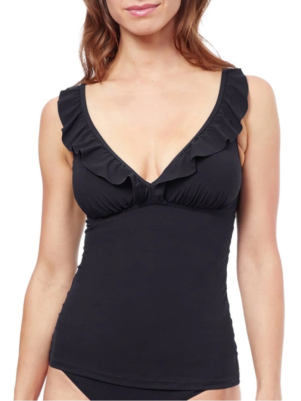 Gottex 40D Tutti Fruitti D Cup Black Ruffle Frill V Neck Tankini Swimsuit Top